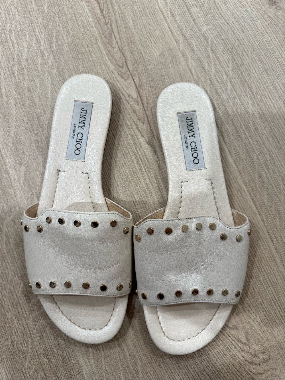 Jimmy Choo Cream Leather Studded Slide Sandals